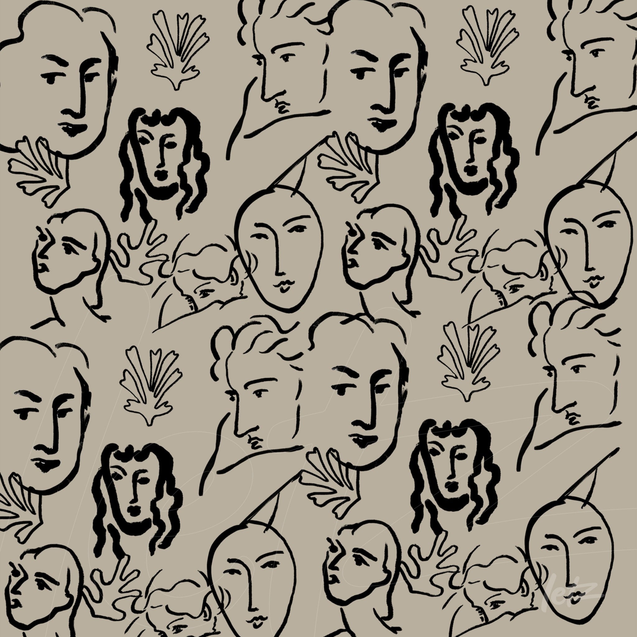 arte abstrata com rostos estilizados em fundo neutro, apresentando traços finos e expressões diversas