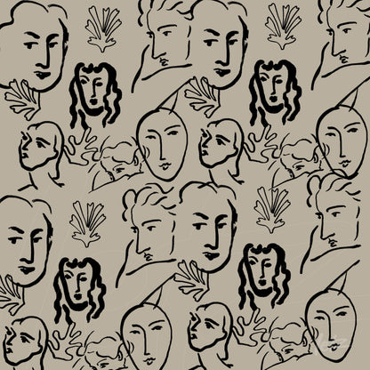 arte abstrata com rostos estilizados em fundo neutro, apresentando traços finos e expressões diversas