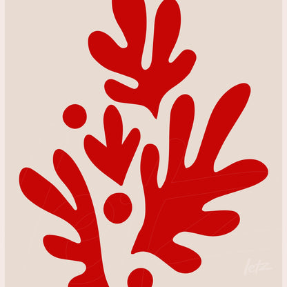 quadro com arte abstrata em fundo claro com folhas vermelhas estilizadas