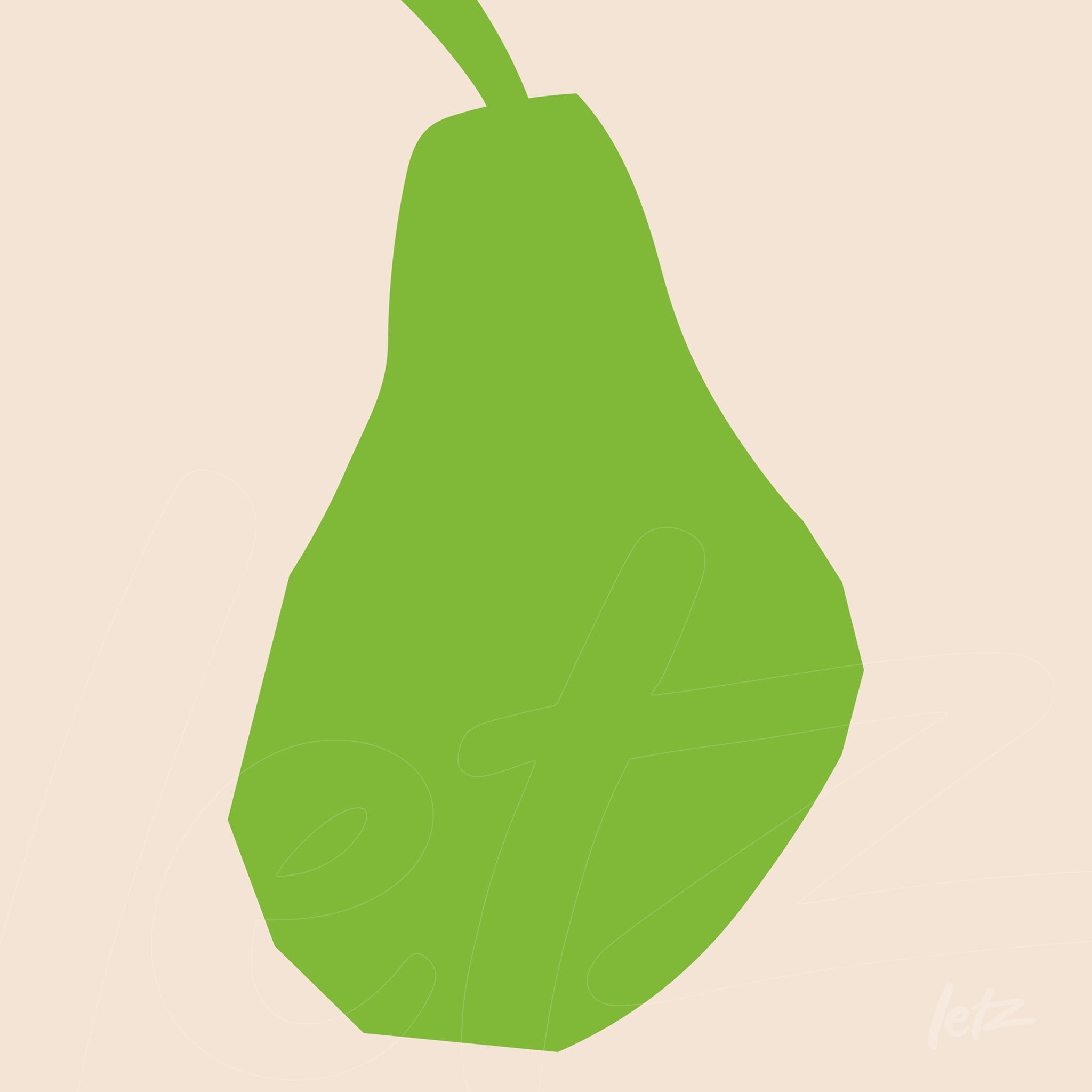 quadro com ilustração minimalista de uma pêra verde sobre fundo claro