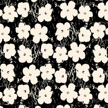 design de fundo com flores branquinhas em estilo gráfico sobre fundo preto