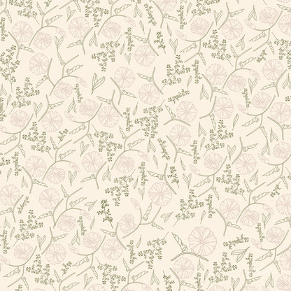 tecido decorativo com padrão de flores e folhas em tons suaves de rosa e verde em fundo claro