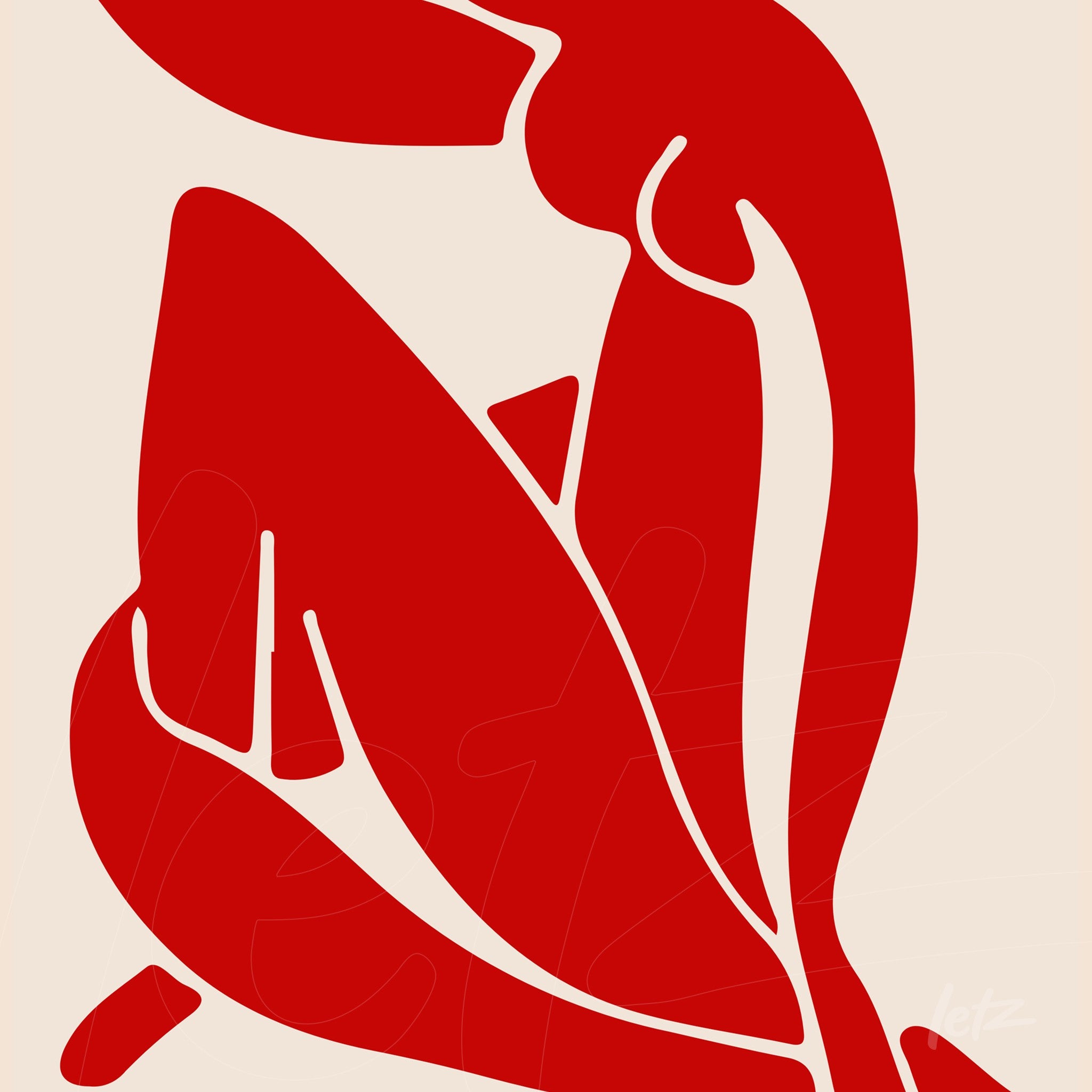 arte minimalista em vermelho representando figura humana abstrata sobre fundo claro