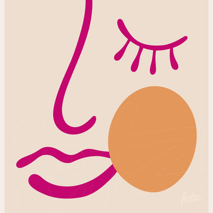 quadro com arte abstrata de perfil de rosto em tons de rosa e laranja sobre fundo claro