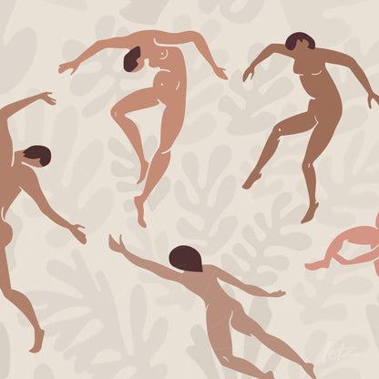 arte digital com silhuetas de dançarinas nuas em pose dinâmica sobre fundo claro com padrões suaves