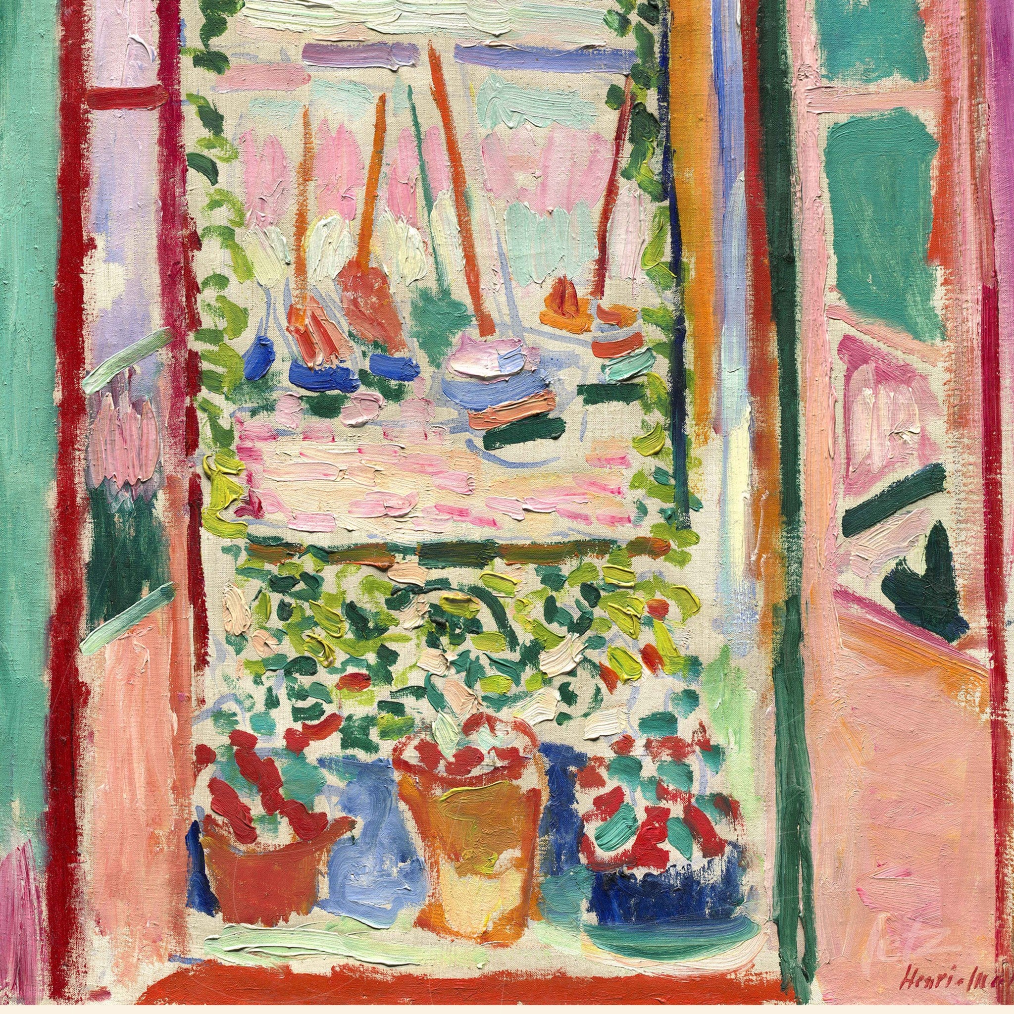 quadro com pintura vibrante de uma janela emoldurada por plantas verdes e flores coloridas, com um fundo alegre em tons de rosa e azul