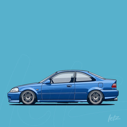 ilustração digital de carro esportivo azul com detalhes em prata em fundo azul claro