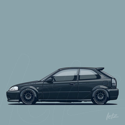 ilustração digital de um carro hatchback preto com rodas esportivas e fundo azul claro