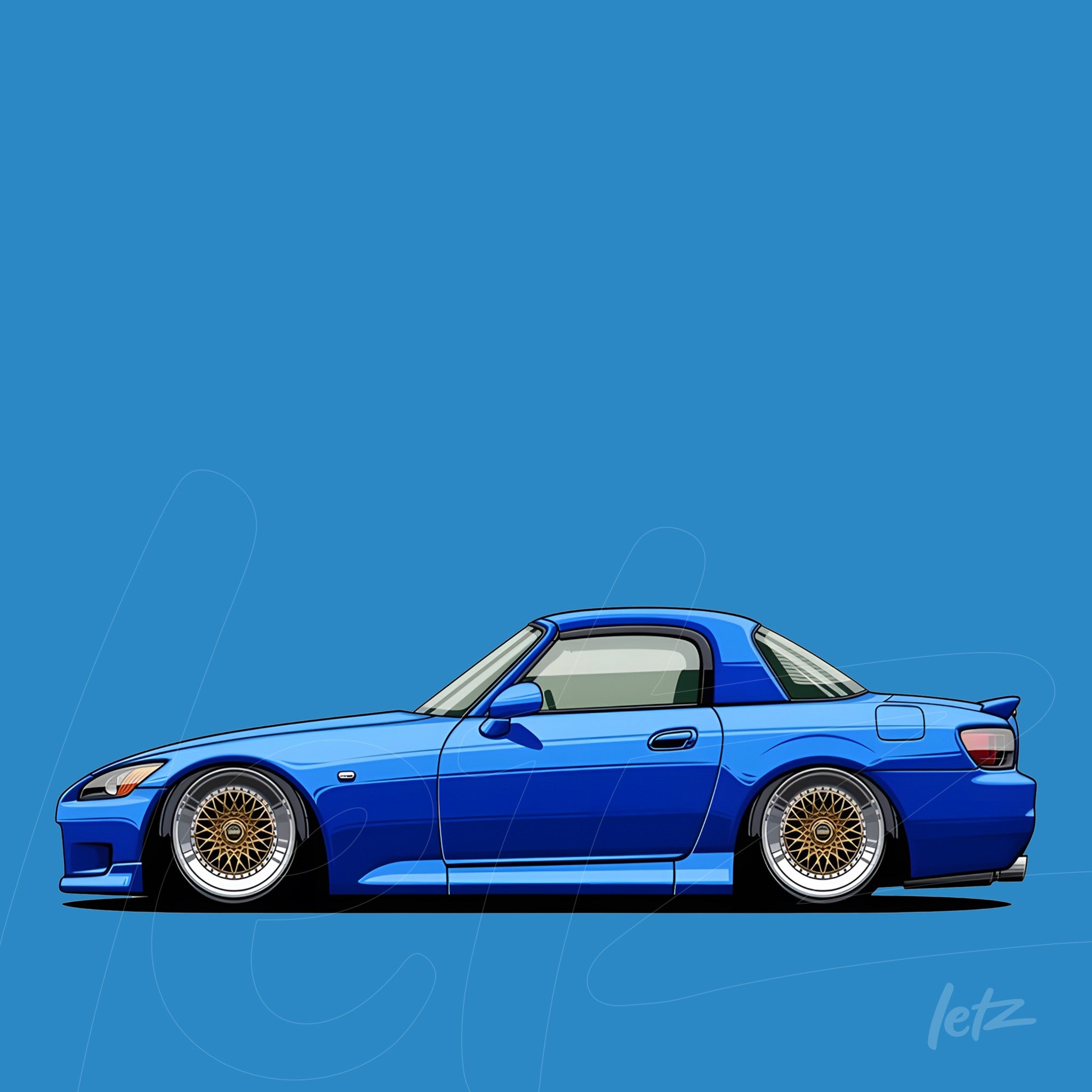 ilustração digital de um carro esportivo azul com rodas de aro dourado sobre fundo azul