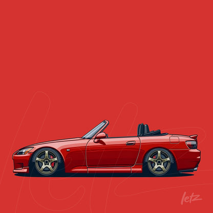 arte digital de carro esportivo vermelho com detalhes em dourado em fundo vermelho