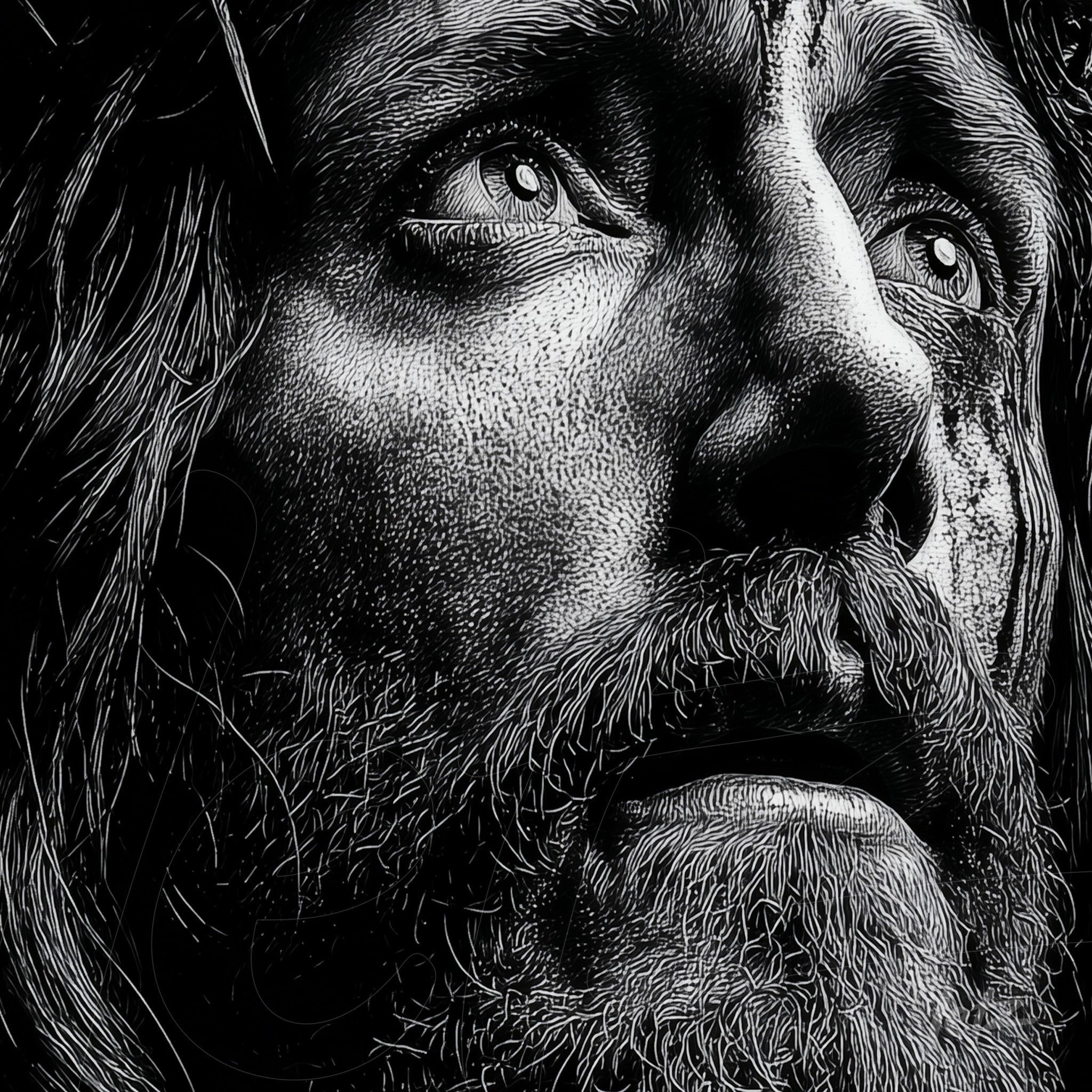 ilustração em preto e branco de um homem com expressão intensa, ressaltando detalhes do rosto e da barba