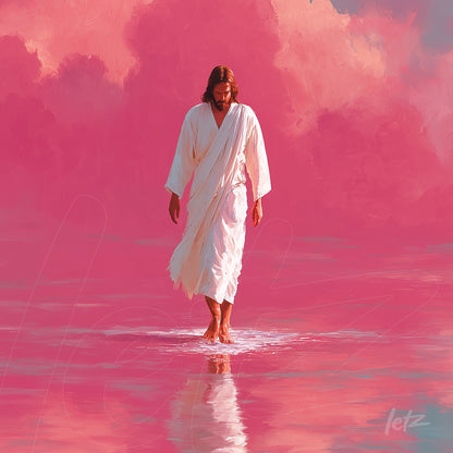 imagem de Jesus caminhando sobre água em um fundo rosa suave com nuvens