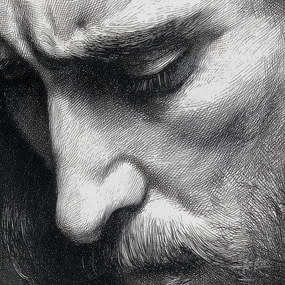 retrato em preto e branco de um homem com expressões faciais profundas e detalhes de texturas na pele