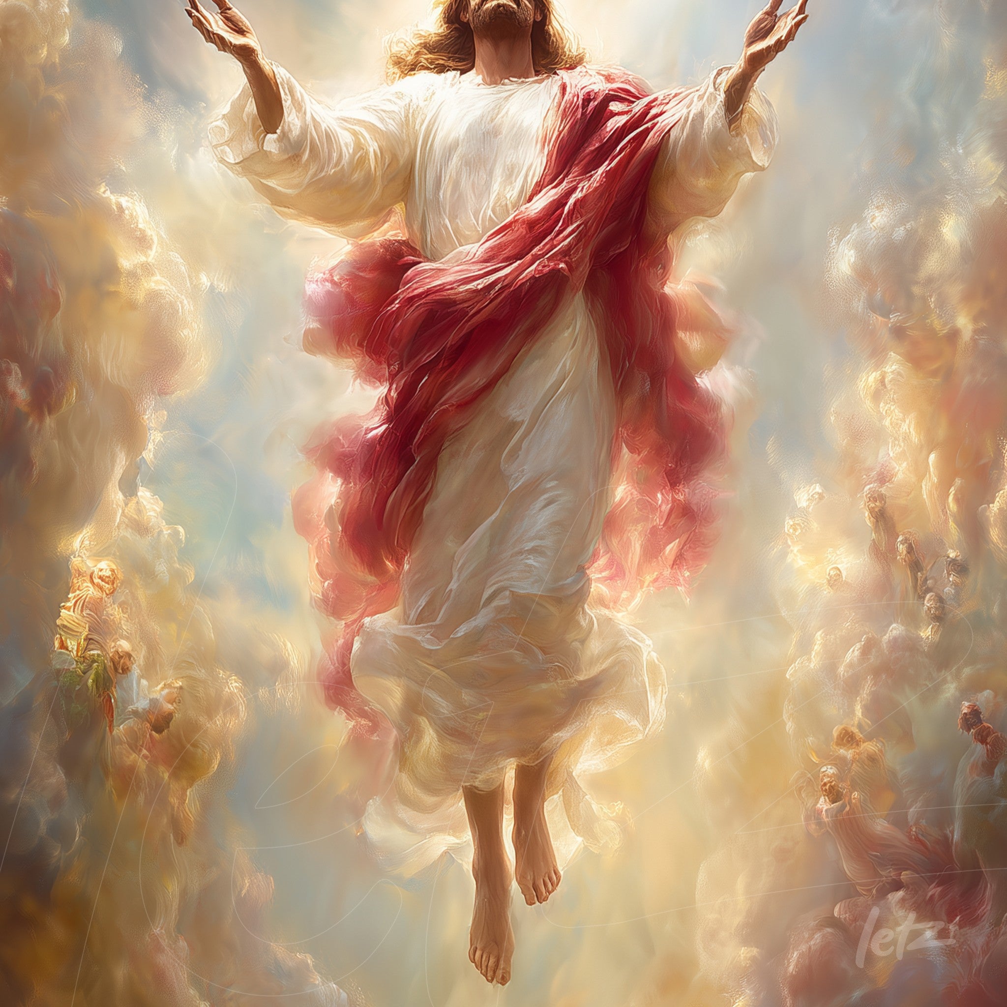 arte digital de Jesus Cristo ascendendo, envolto em nuvens brilhantes com um manto vermelho vibrante