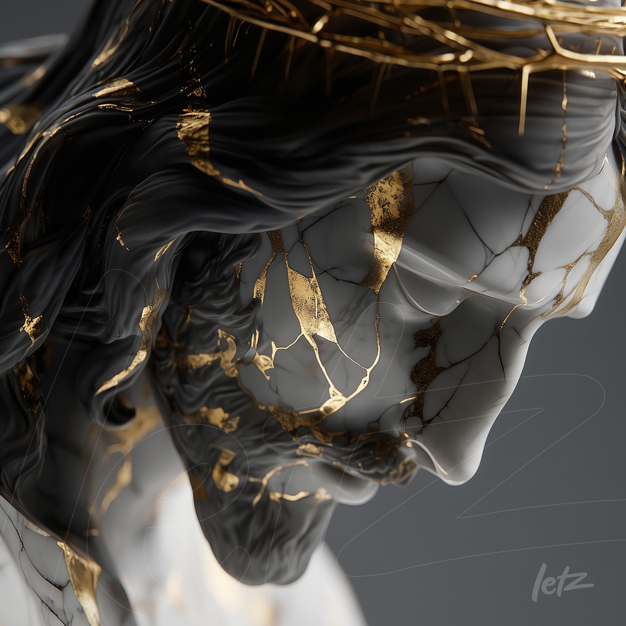 detalhe de escultura em cerâmica de figura religiosa com acabamento em ouro e fissuras visíveis