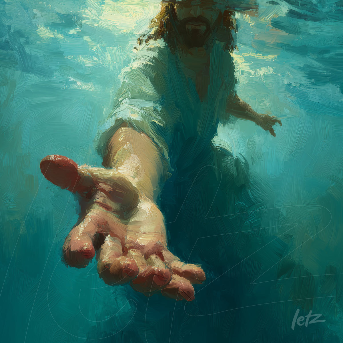 imagem de figura religiosa estendendo a mão em um fundo aquático com pinceladas vibrantes