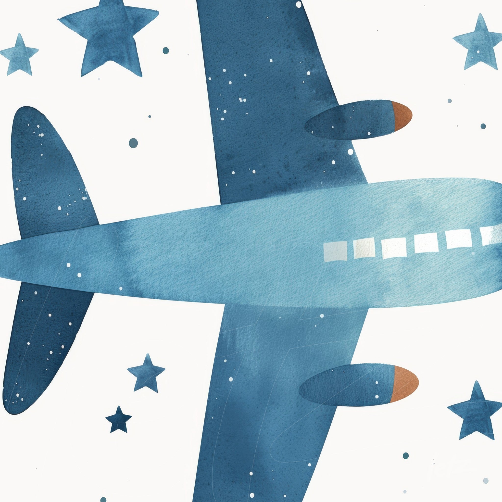 quadro com arte aquarela de avião azul sobre fundo branco com estrelas