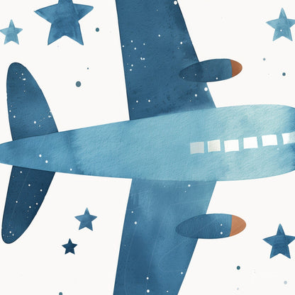 quadro com arte aquarela de avião azul sobre fundo branco com estrelas