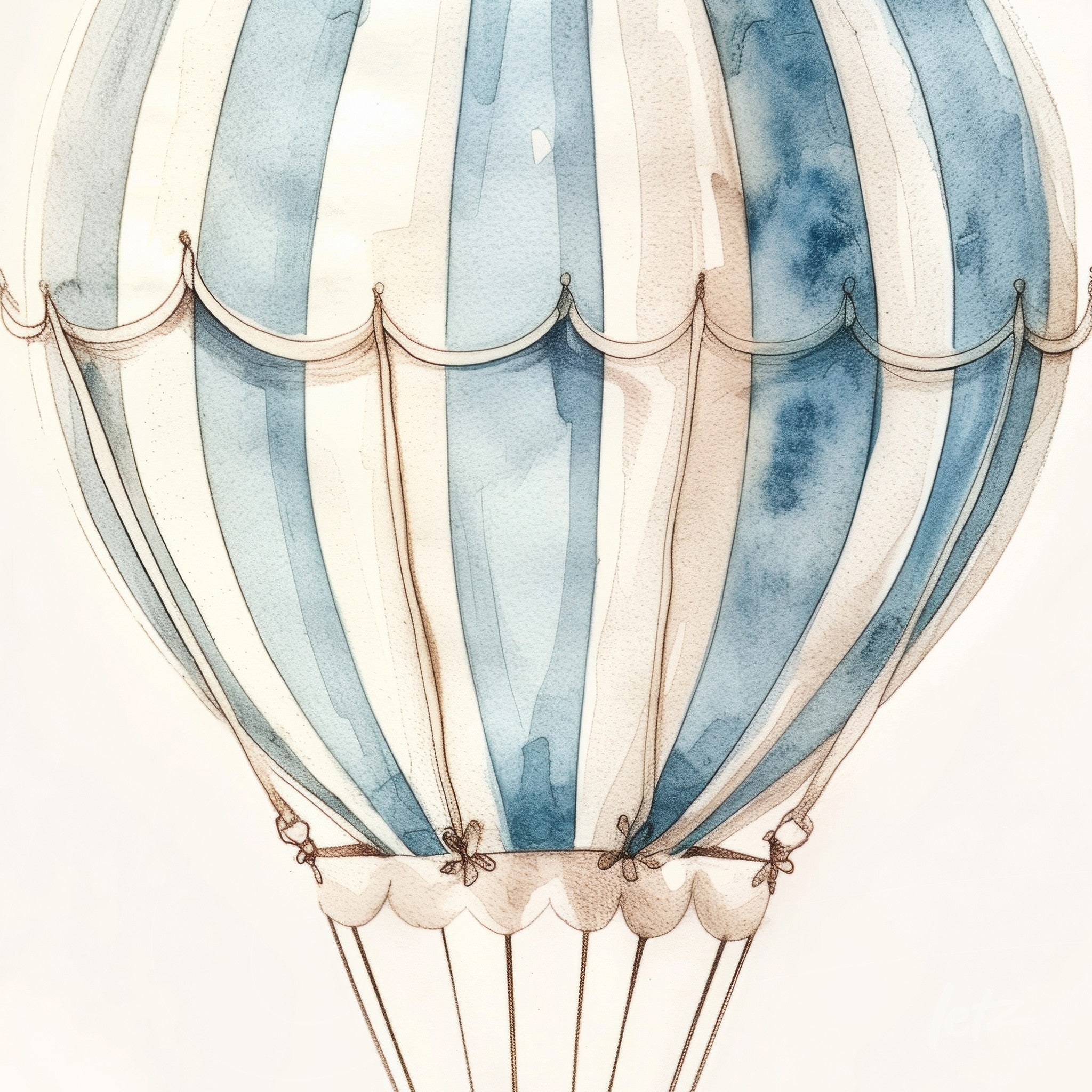 arte aquarelada de balão de ar quente em tons de azul e branco com detalhes delicados nas cordas