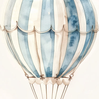 arte aquarelada de balão de ar quente em tons de azul e branco com detalhes delicados nas cordas