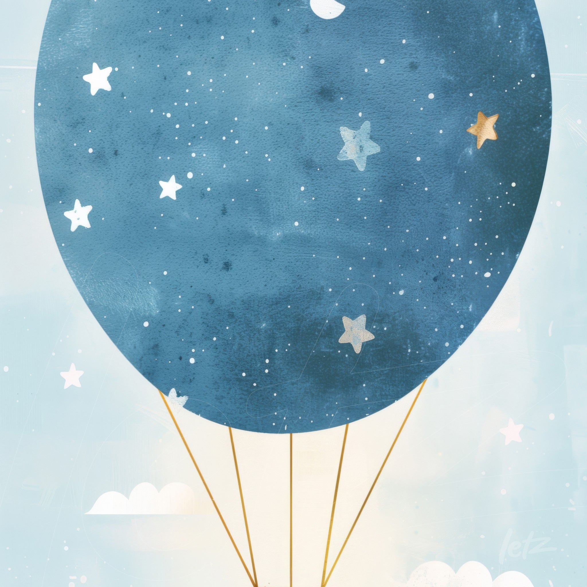 arte digital de balão azul com estrelas brancas e amarelas, flutuando sobre um fundo claro com nuvens