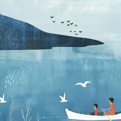 ilustração digital de duas pessoas em um barco em lagoa tranquila com montanha ao fundo e pássaros sobrevoando