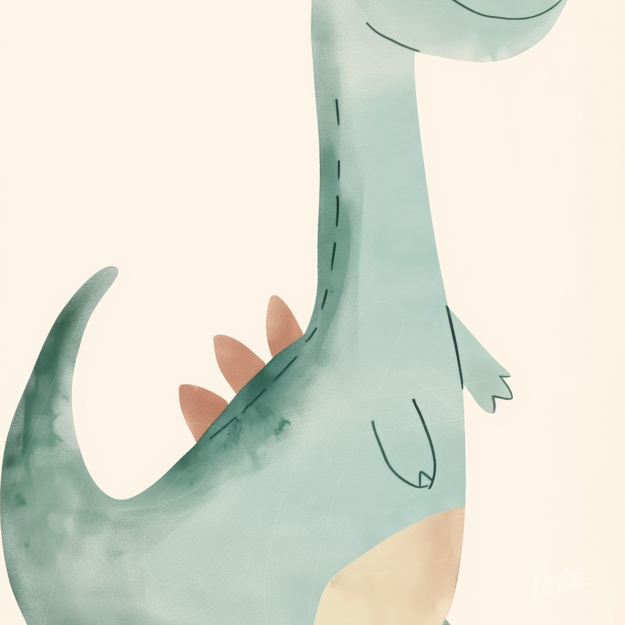 ilustração de dinossauro em estilo aquarela com cores suaves, fundo claro e detalhes em bege