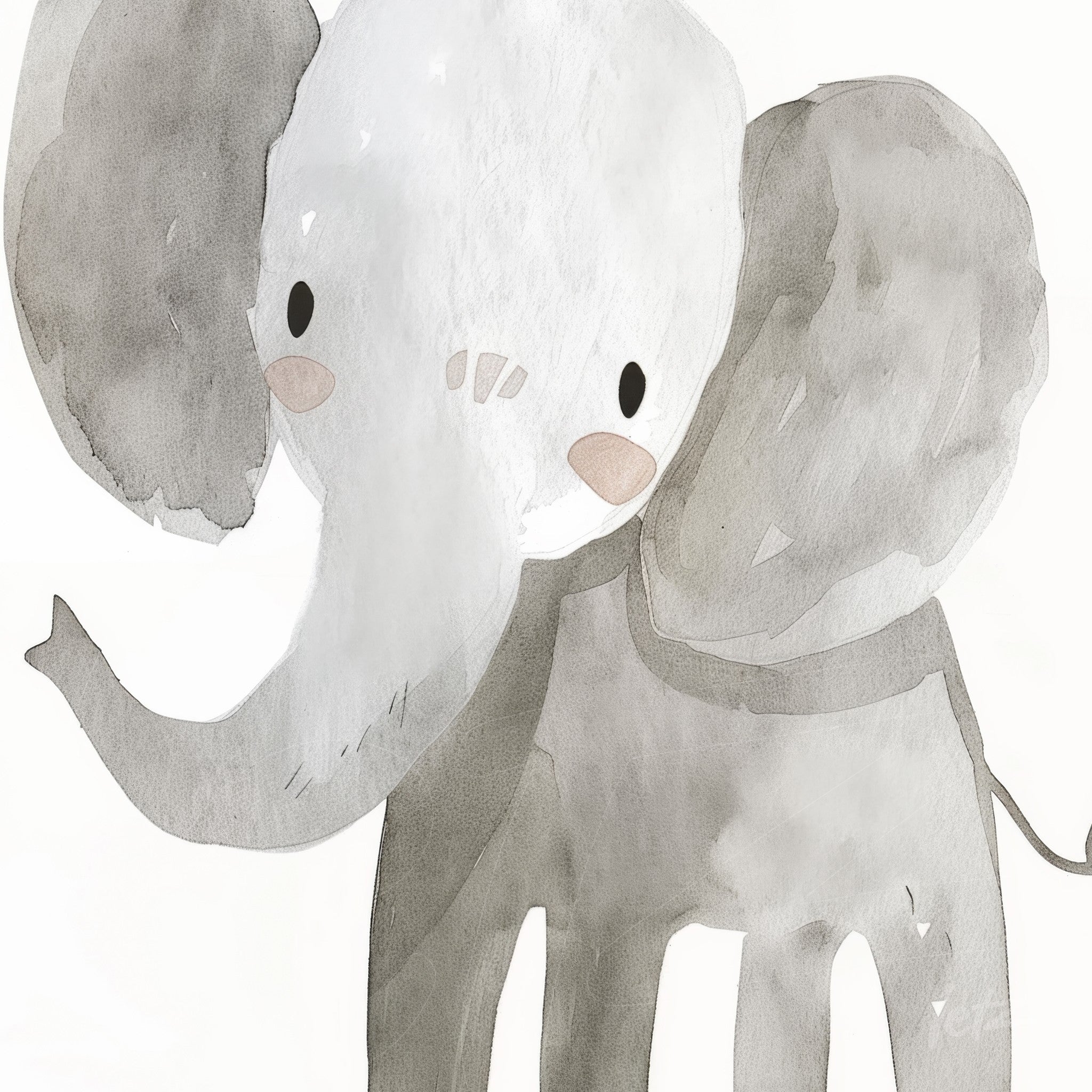 ilustração em aquarela de um elefante com tons suaves de cinza e detalhes em rosa nas bochechas
