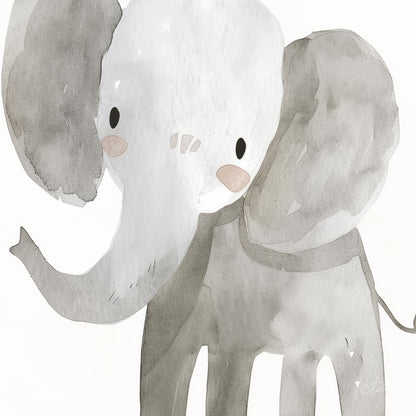 ilustração em aquarela de um elefante com tons suaves de cinza e detalhes em rosa nas bochechas