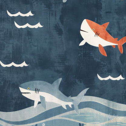 quadro com arte digital de tubarões nadando sobre fundo azul escuro com ondas e nuvens brancas