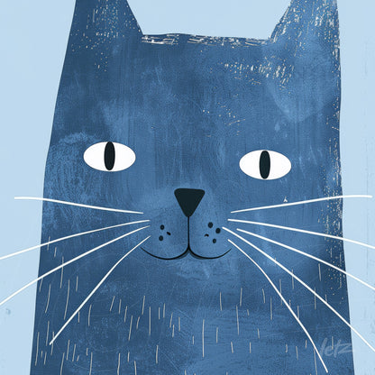 quadro com arte digital de um gato azul sobre fundo claro com detalhes minimalistas
