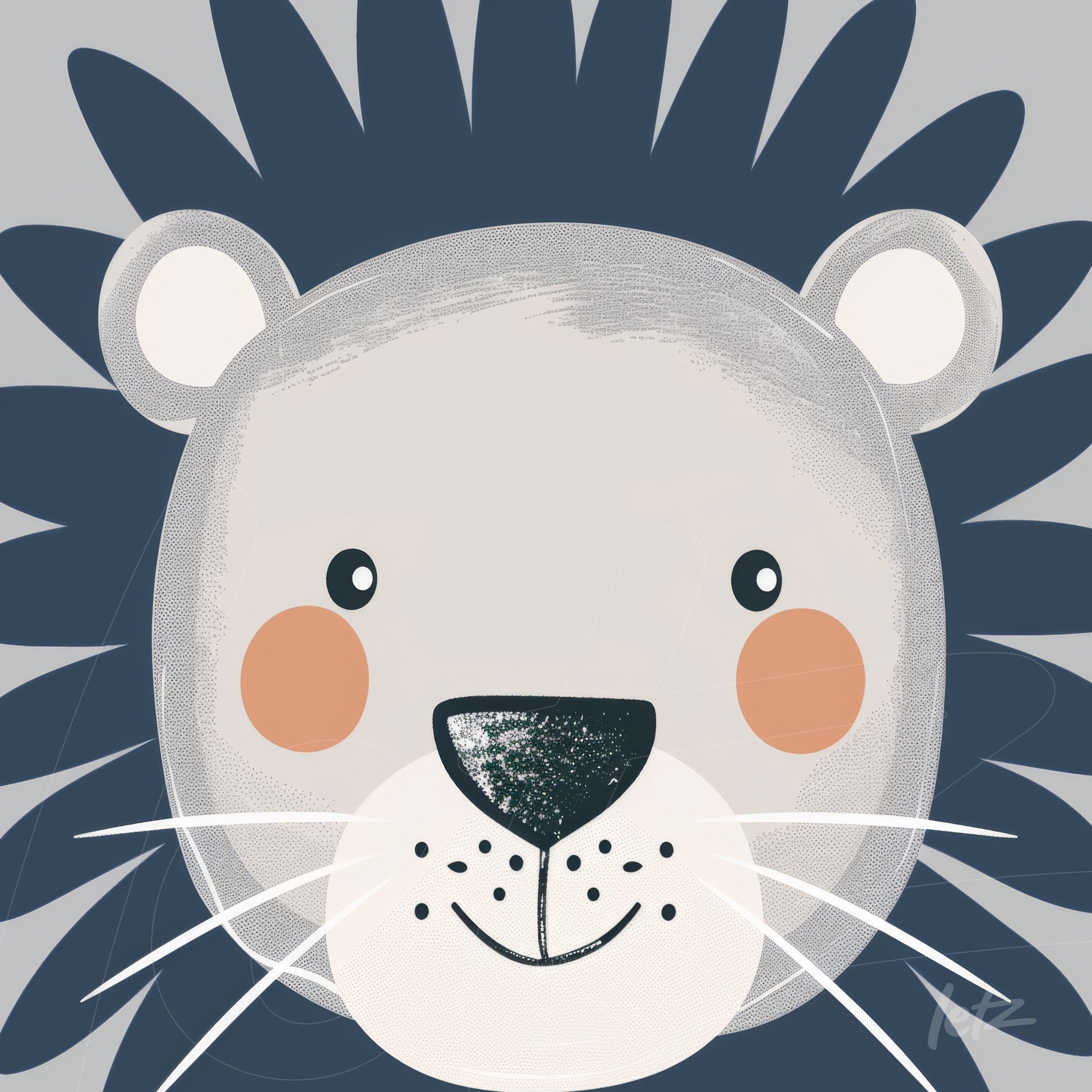 arte digital de leão estilizado com detalhes amigáveis e fundo cinza