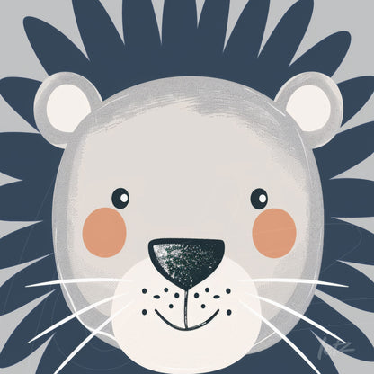 arte digital de leão estilizado com detalhes amigáveis e fundo cinza