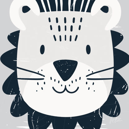 arte digital com a ilustração de um leão estilizado em tons de cinza e azul