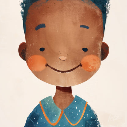 ilustração de um menino sorridente com cabelo curto e escuro, usando uma camisa azul com detalhes em laranja