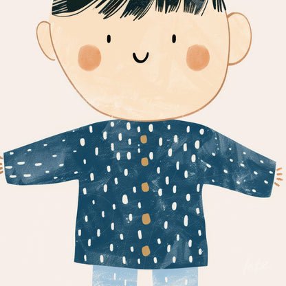ilustração de personagem infantil sorridente com camisa azul escura e manchas brancas