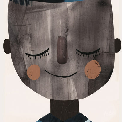 quadro com ilustração minimalista de um menino sorrindo com rostinho redondo e traços simples
