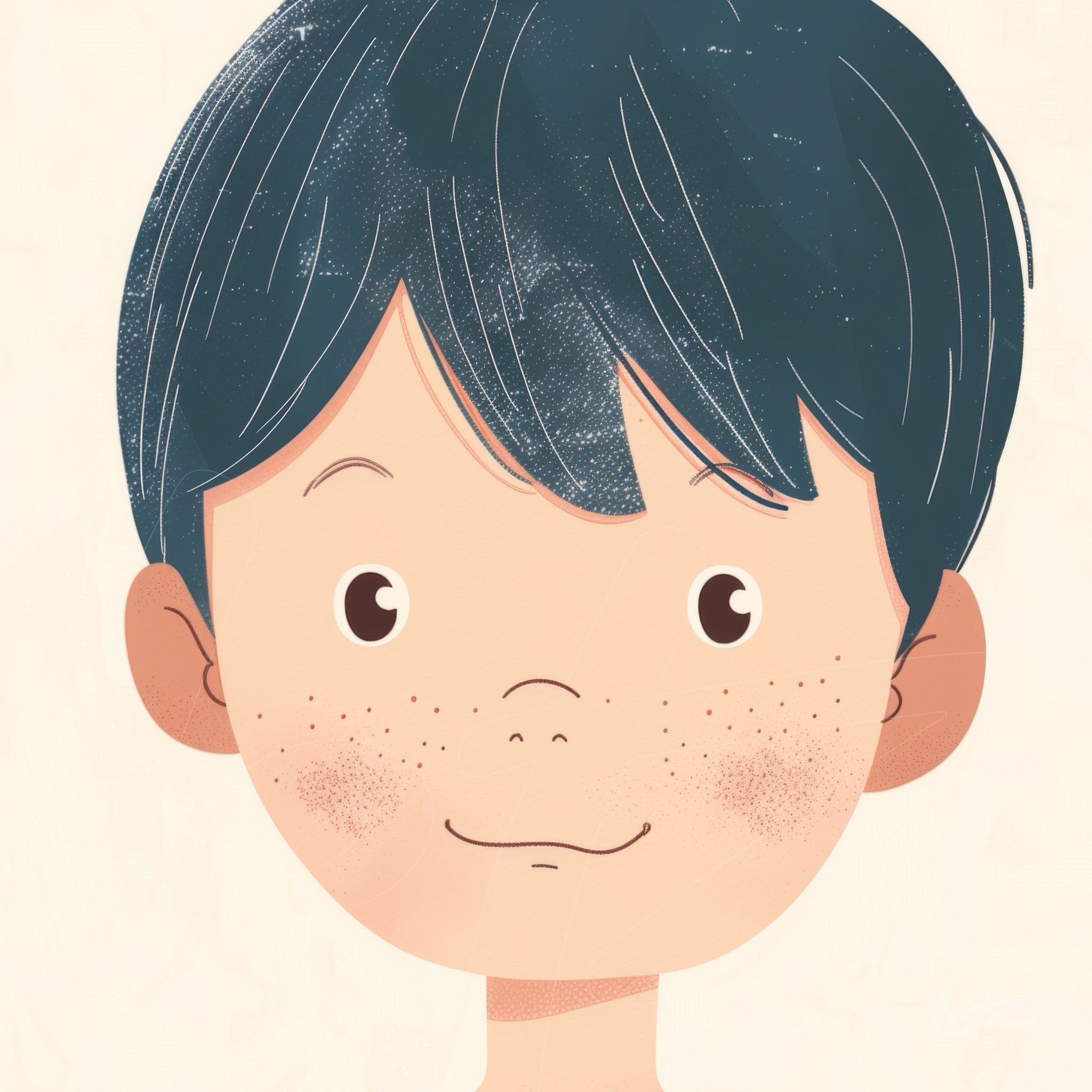 ilustração digital de um menino com cabelos curtos e escuros, rosto sorridente e sardas
