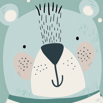 ilustração de um urso simpático com pelagem azul clara e traços simples sobre fundo verde suave