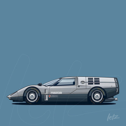 ilustração de um carro futurista, modelo Mazda MX-500, com design aerodinâmico e pintura prateada sobre fundo azul