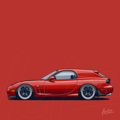 ilustração de carro esportivo vermelho em fundo vermelho sólido com detalhes em cinza e rodas prateadas