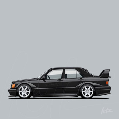 arte digital de um carro esportivo preto com rodas prateadas e design aerodinâmico sobre fundo cinza