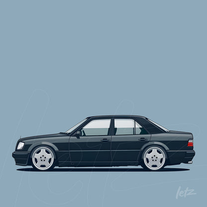 ilustração digital de carro esportivo preto com detalhes em branco sobre fundo azul claro