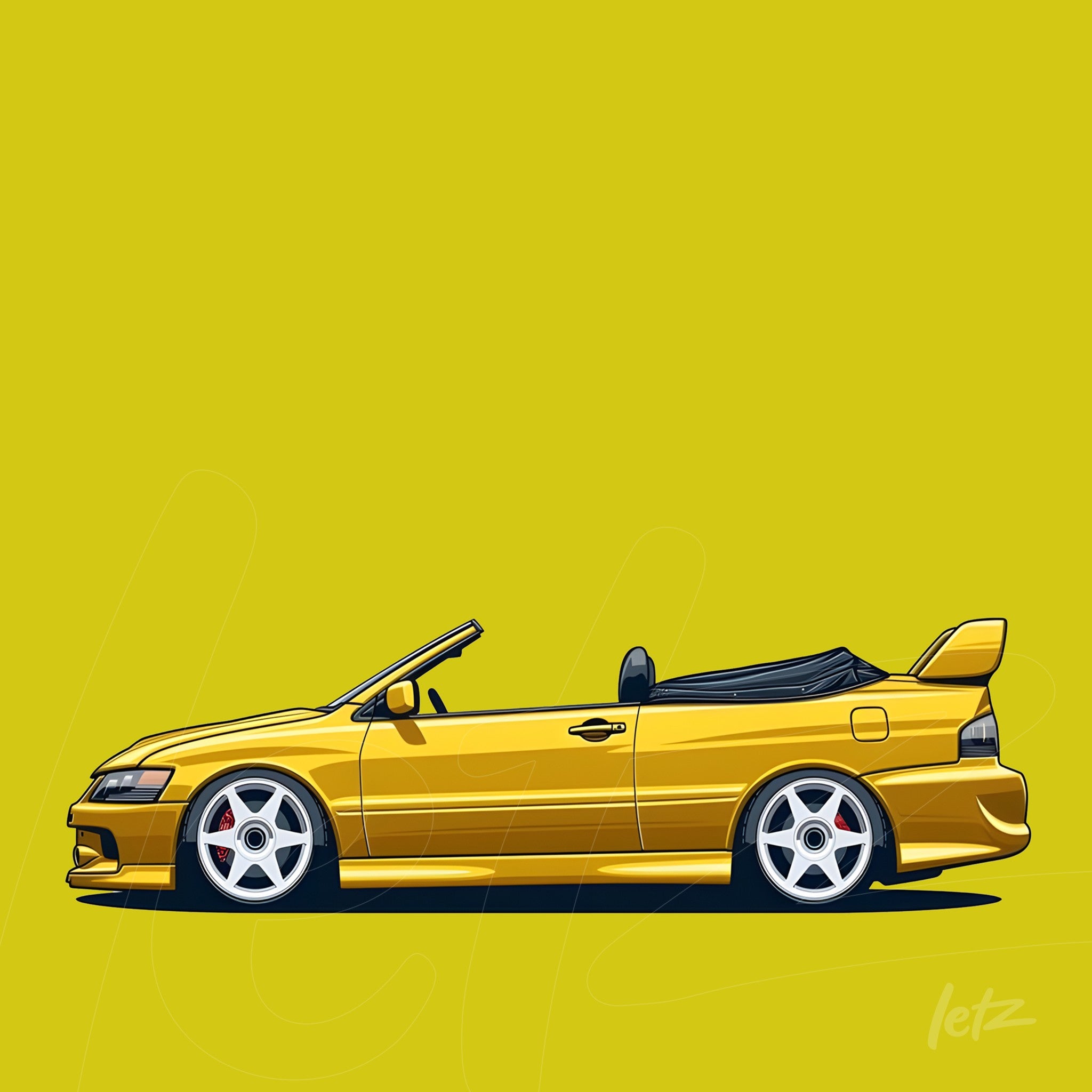 ilustração digital de um carro esportivo conversível amarelo em fundo amarelo vibrante