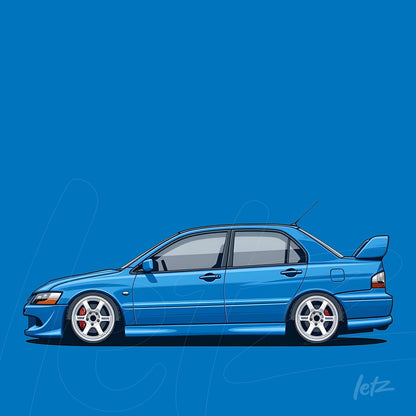 ilustração de um carro esportivo azul em fundo azul liso, com detalhes na lataria e rodas brancas
