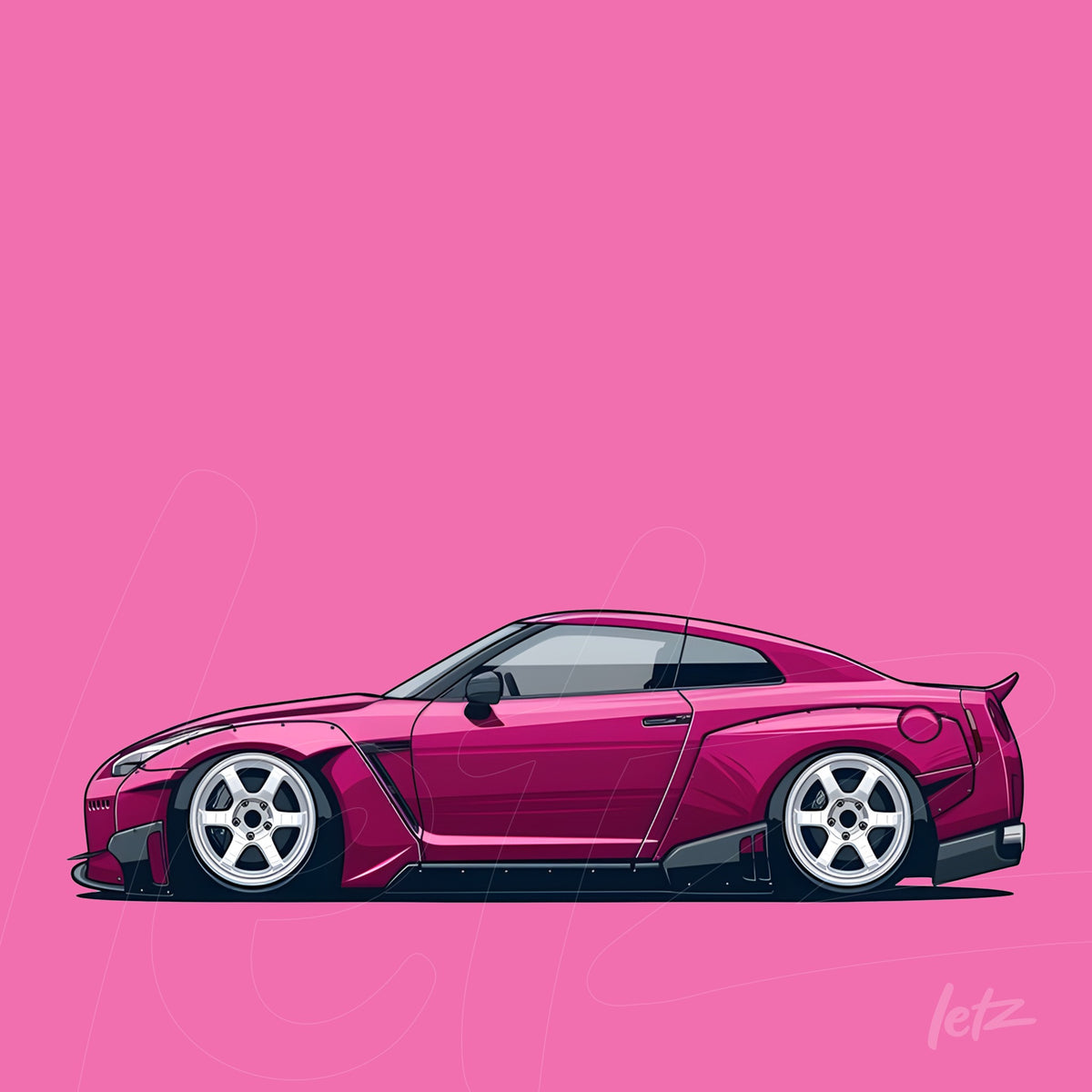 ilustração de carro esportivo em estilo cartoon na cor rosa, com detalhes em preto e rodas prateadas sobre fundo rosa vibrante