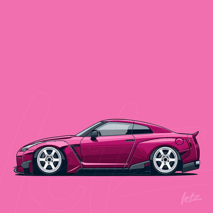 ilustração de carro esportivo em estilo cartoon na cor rosa, com detalhes em preto e rodas prateadas sobre fundo rosa vibrante