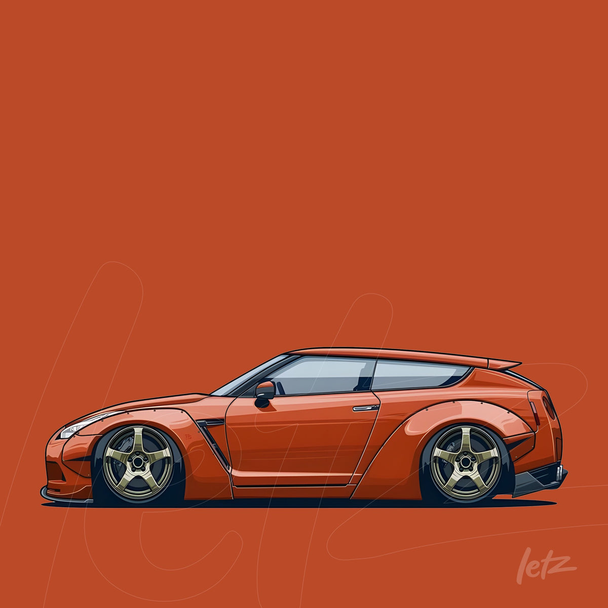 arte digital de carro esportivo estilizado em fundo laranja, destacando linhas modernas e detalhes em dourado nas rodas