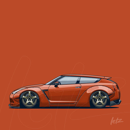 arte digital de carro esportivo estilizado em fundo laranja, destacando linhas modernas e detalhes em dourado nas rodas
