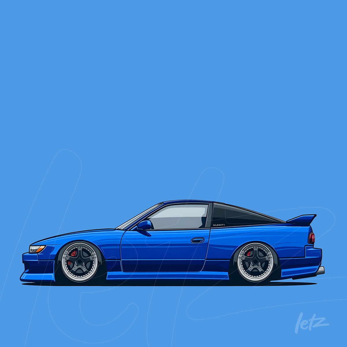 ilustração digital de um carro esportivo azul em perfil, destacando detalhes como rodas grandes e linhas aerodinâmicas